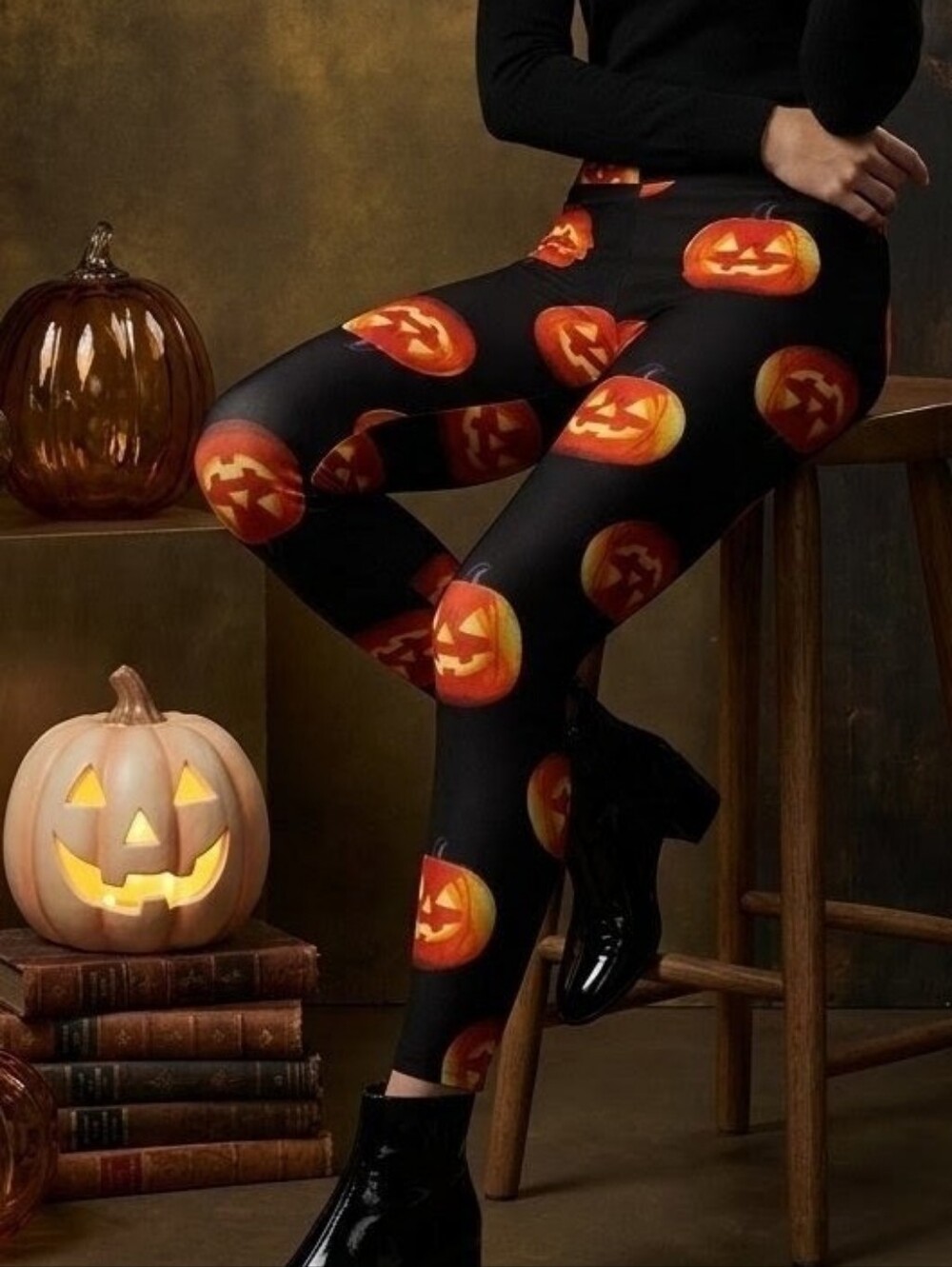 No Boundaries Black Leggings with Orange Pumpkin Jack-O'-Lantern Print